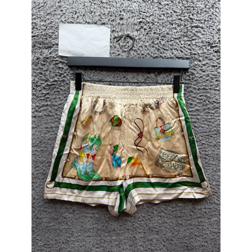Casablanca L'Ecurie Blanche Graphic Print Elastic Waist Silk Shorts Size 36